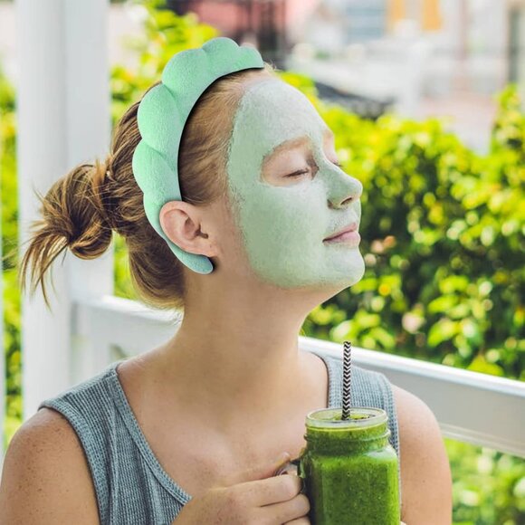 Sponge Spa Headband for Women, Green Makeup Headband and Wrist Washband Set for - Picture 5 of 7